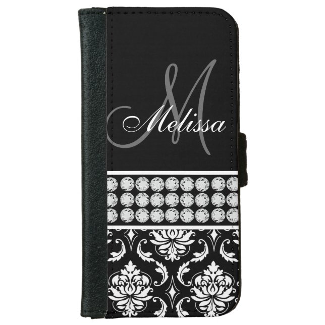 Black Damask Printed Diamonds Personalized iPhone Wallet Case (Front)