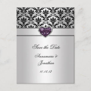 Black Damask Purple Jewel Heart Silver Save The Da Announcement Postcard