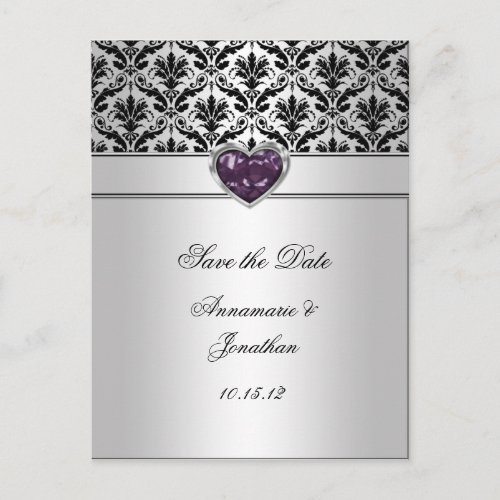 Black Damask Purple Jewel Heart Silver Save The Da Announcement Postcard