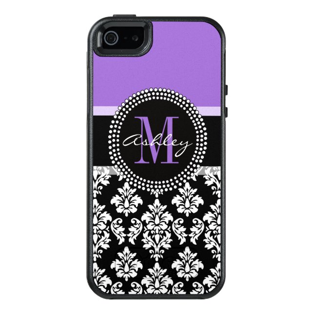 Black Damask Purple Monogram Pattern Otterbox iPhone Case (Back)