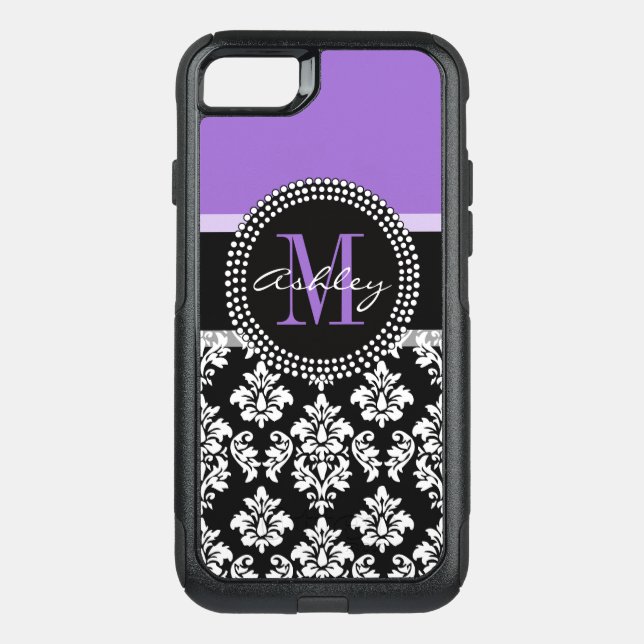 Black Damask Purple Monogram Pattern Otterbox iPhone Case (Back)