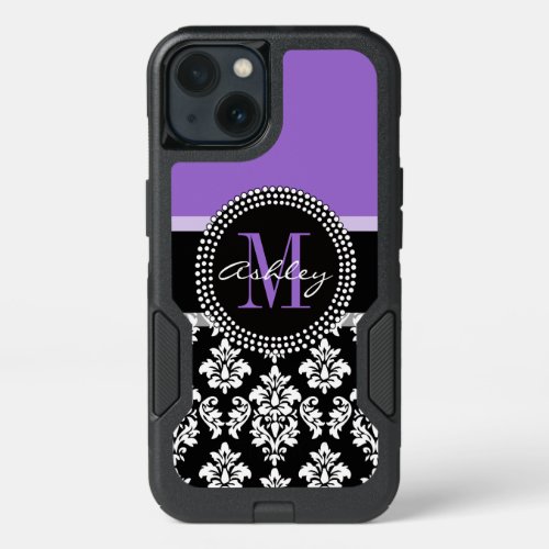 Black Damask Purple Monogram Pattern iPhone 13 Case