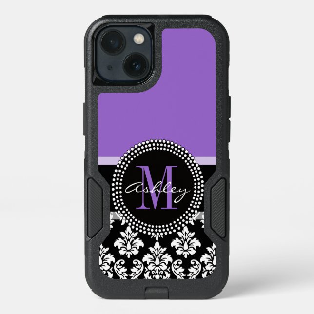 Black Damask Purple Monogram Pattern Otterbox iPhone Case (Back)