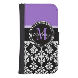 Black Damask Purple Monogram Pattern Phone Wallet