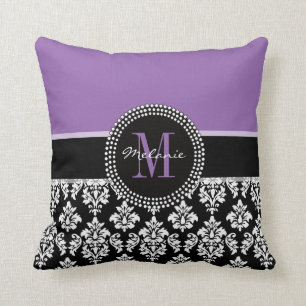 Black Damask Purple Monogram Personalized Pillow