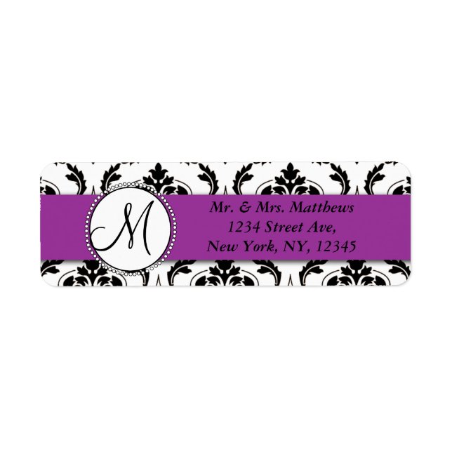Black Damask Purple Monogram Return Address Label (Front)