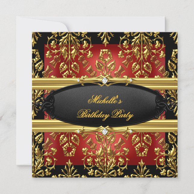 Black Damask Red Birthday Party Gold 2 Diamond Invitation (Front)