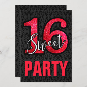 Black Damask Red Glitter Sweet 16 Birthday Party Invitation