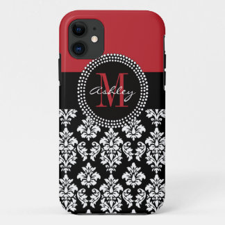 Black Damask Red Initial Name iPhone 11 Case