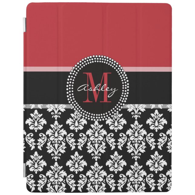 Black Damask Red Initial Name iPad Smart Cover (Front)