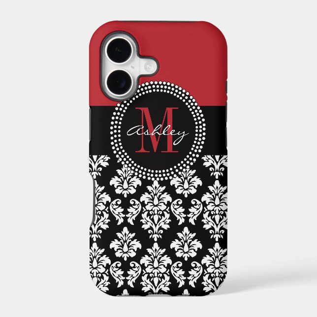 Black Damask Red Initial Name Iphone Case (Back)