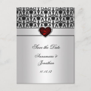 Black Damask Red Jewel Heart Silver Save The Da Announcement Postcard