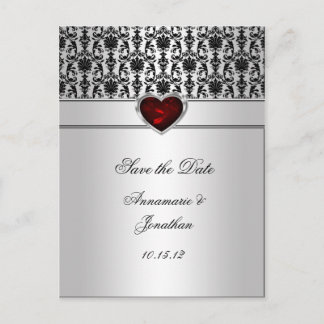 Black Damask Red Jewel Heart Silver Save The Da Announcement Postcard