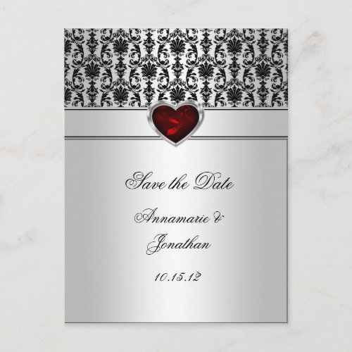 Black Damask Red Jewel Heart Silver Save The Da Announcement Postcard