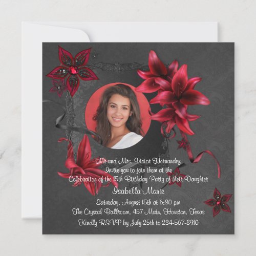Black Damask Red Lilies Photo Quinceanera Invitation