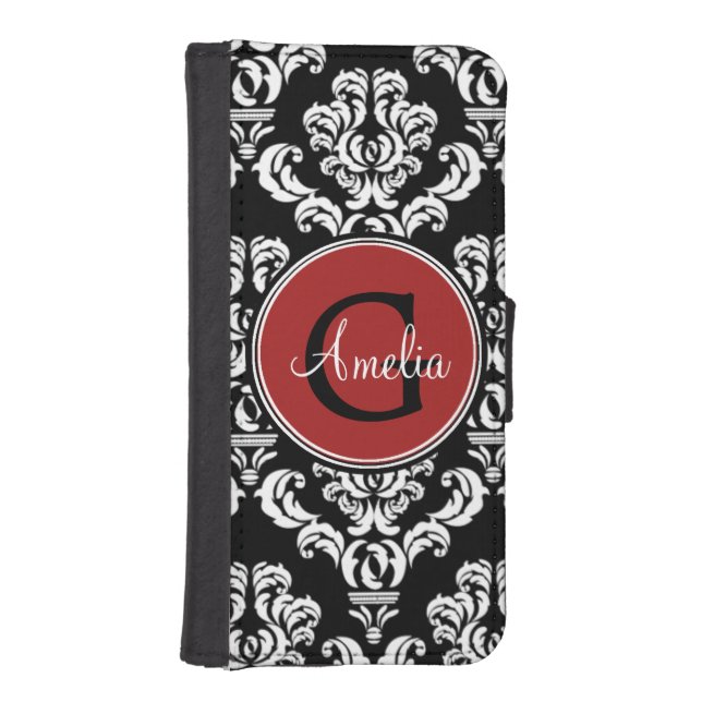 Black Damask Red Monogram Wallet Phone Case (Front)