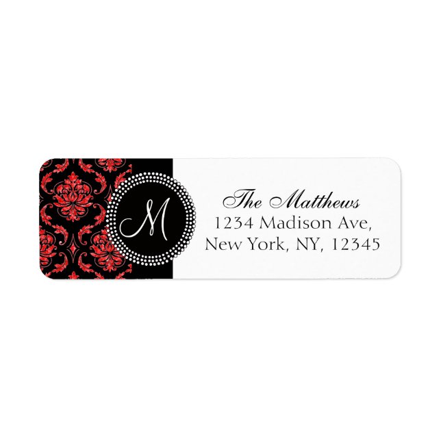 Black Damask Red Printed Glitter Printed Monogram Label (Front)
