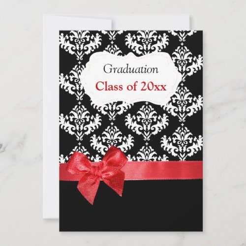 Black Damask &amp; Red Ribbon Graduation Invitation