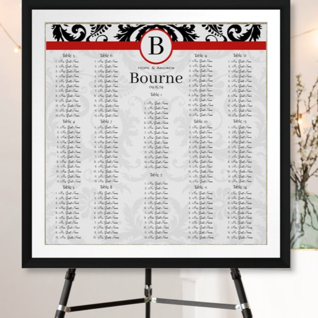 Black Damask Red Trim Seating Chart Table Numbers (To see frame and mat pricing,  please choose your options.)