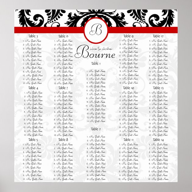 Black Damask Red Trim Seating Chart Table Numbers Poster
