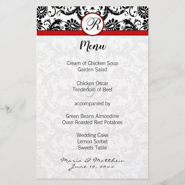 Black Damask Red Trim Wedding Menu (Front)