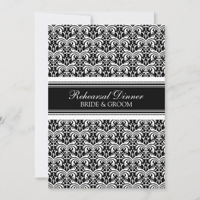 Black Damask Rehearsal Dinner Party Invitation (Front)
