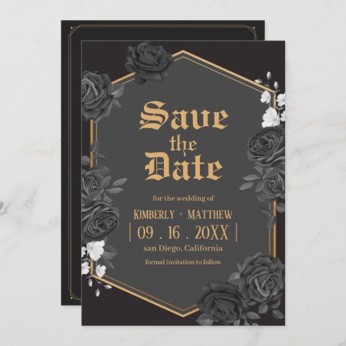 Black damask rose Save The Date wedding Invitation