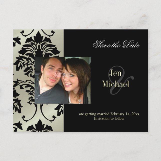 Black Damask Save the Date Photo postcards, Announcement Postcard (Front)