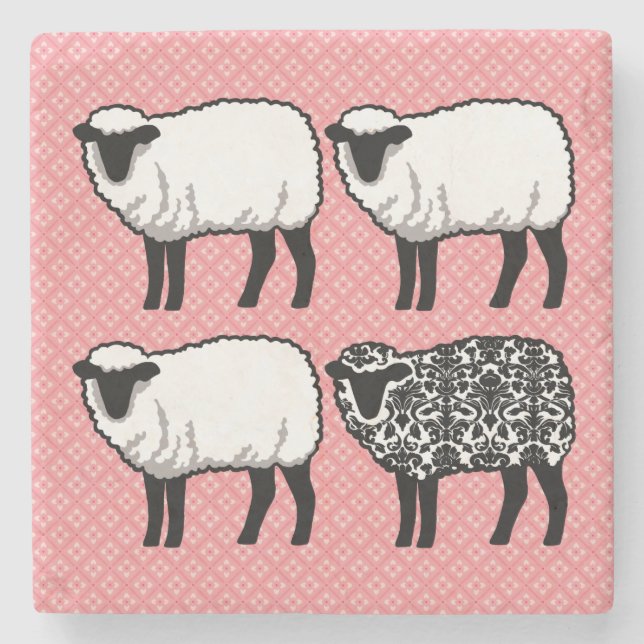 Black Damask Sheep Pink Stone Coaster (Front)