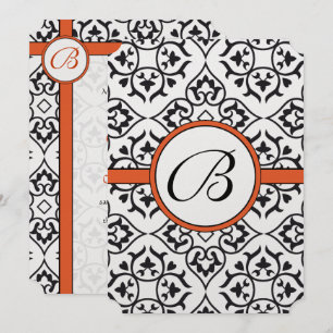 Black Damask Side Borders Orange Trim Wedding Invitation