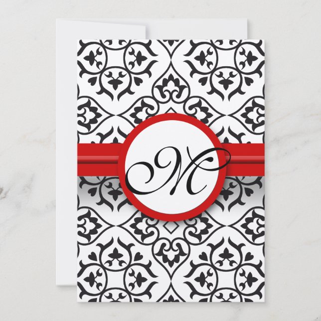 Black Damask Side Borders Red Trim Wedding Invitation (Front)