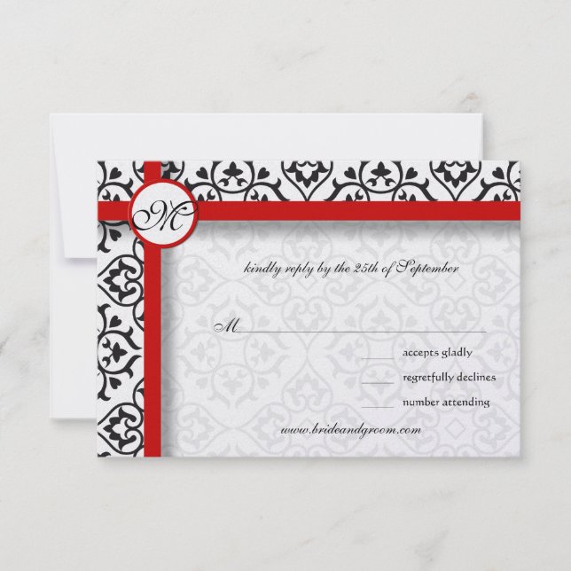 Black Damask Side Borders Red Trim Wedding RSVP Card (Front)