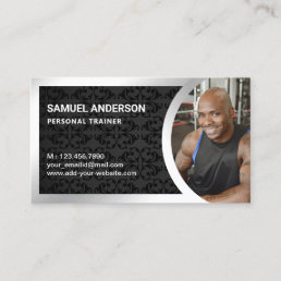 Black Damask Silver Fitness Personal Trainer Photo Business Card