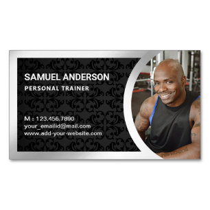 Black Damask Silver Fitness Personal Trainer Photo Business Card Magnet