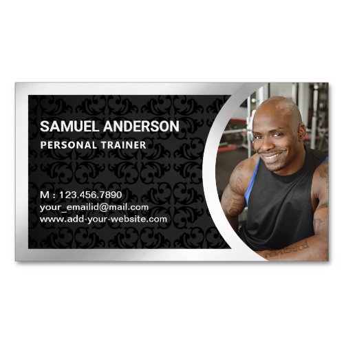 Black Damask Silver Fitness Personal Trainer Photo Business Card Magnet