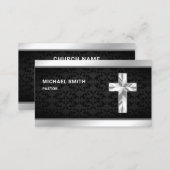 Black Damask Silver Foil Jesus Christ Cross Pastor Business Card (Front/Back)