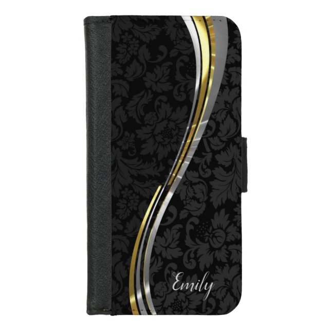 Black Damask Silver & Gold Stripes iPhone Wallet Case (Front)
