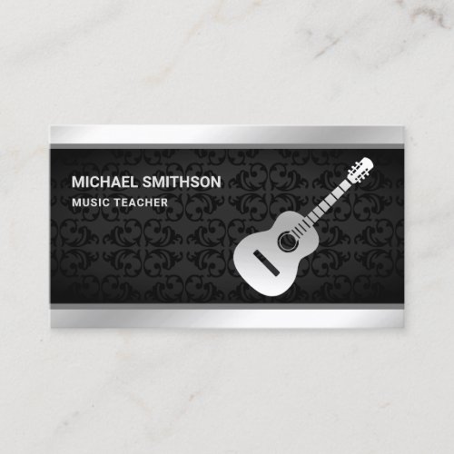 Black Damask Silver Guitar Music Teacher Guitarist Business Card