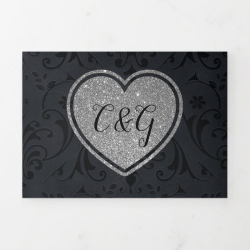 Black Damask Silver Heart All in One Wedding  Tri_Fold Invitation