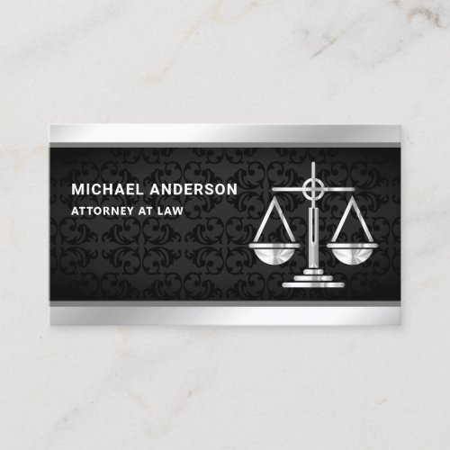 Black Damask Silver Justice Scale Lawyer Attorney Business Card