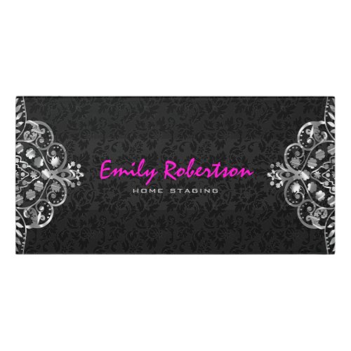 Black Damask Silver Metallic Vintage Lace Door Sign