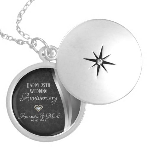 Black Damask Silver Satin_ Anniversary Locket Necklace