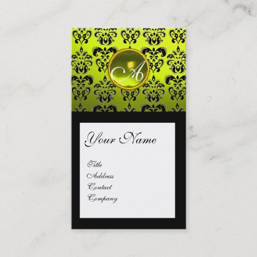 BLACK DAMASK SQUARE YELLOW GEMSTONE MONOGRAM BUSINESS CARD