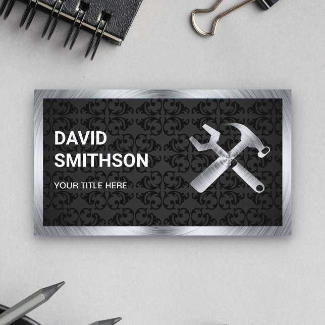 Black Damask Steel Handyman Auto Repair Mechanic Business Card (Creator Uploaded)