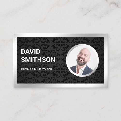 Black Damask Steel Silver Photo Real Estate Agent Business Card