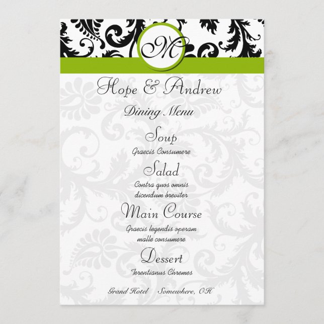 Black Damask Swirl Apple Green Wedding Menu (Front)