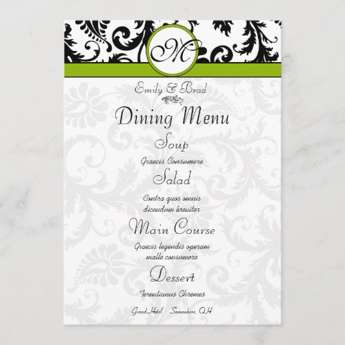 Black Damask Swirl Apple Green Wedding Menu