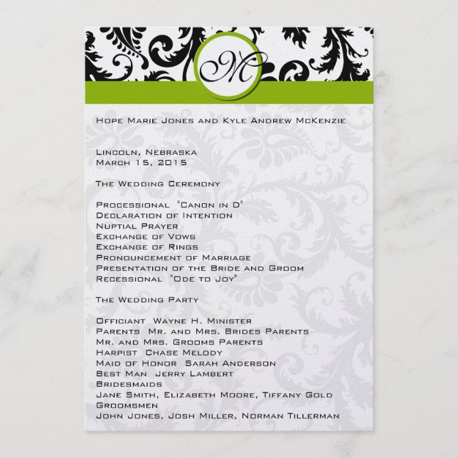 Black Damask Swirl Apple Green Wedding Program (Front)