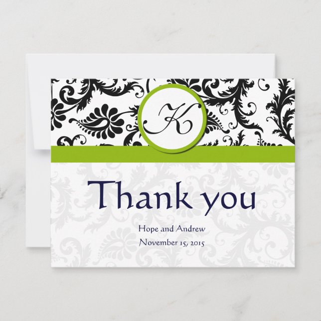 Black Damask Swirl Green Wedding Thank You Cards (Front)
