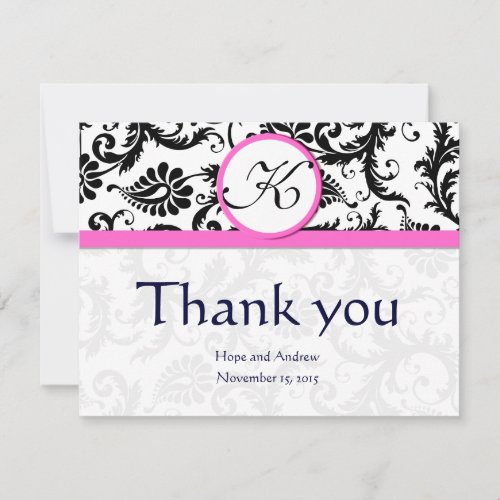 Black Damask Swirl Pink Wedding Thank You Cards